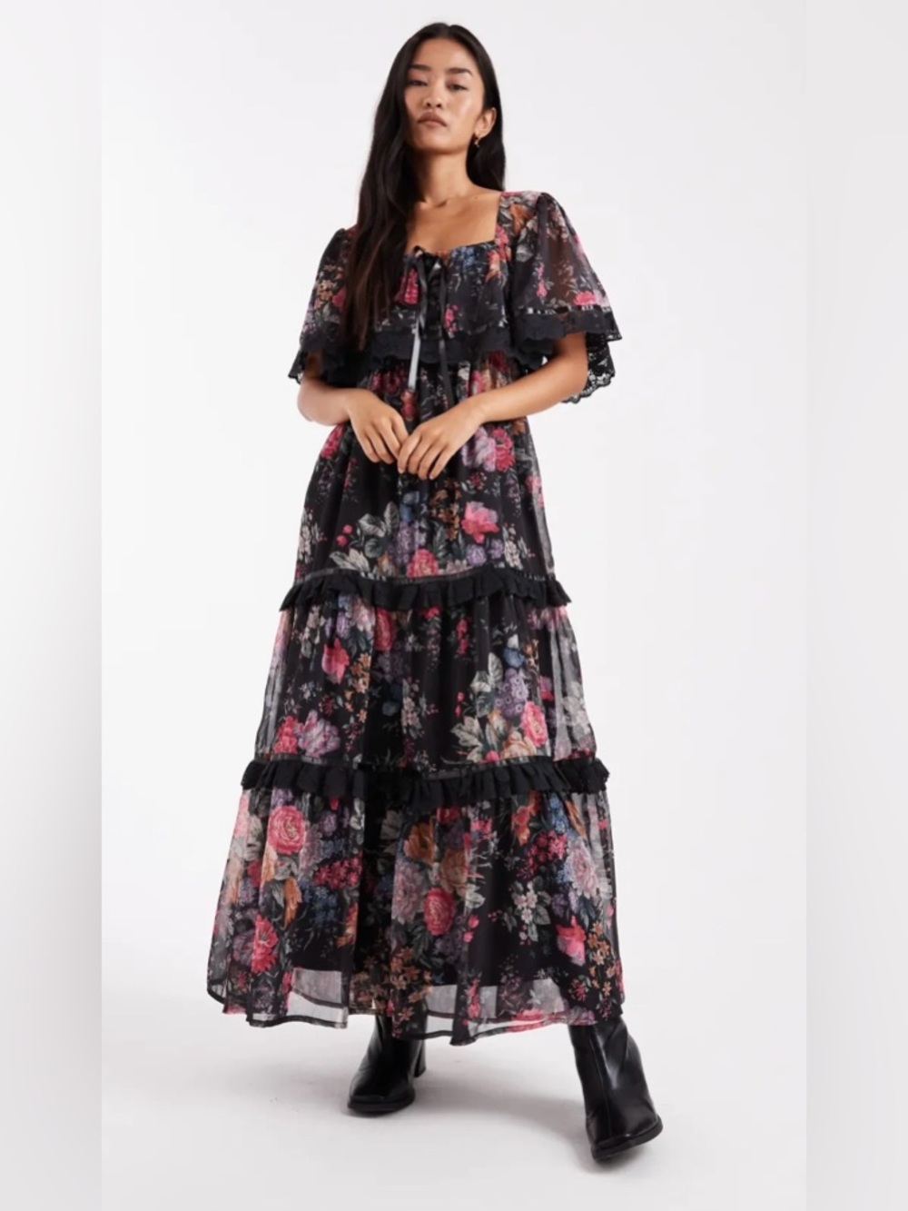 Miss Selfridge Black Floral Tiered Maxi Dress with Ruffle Detail